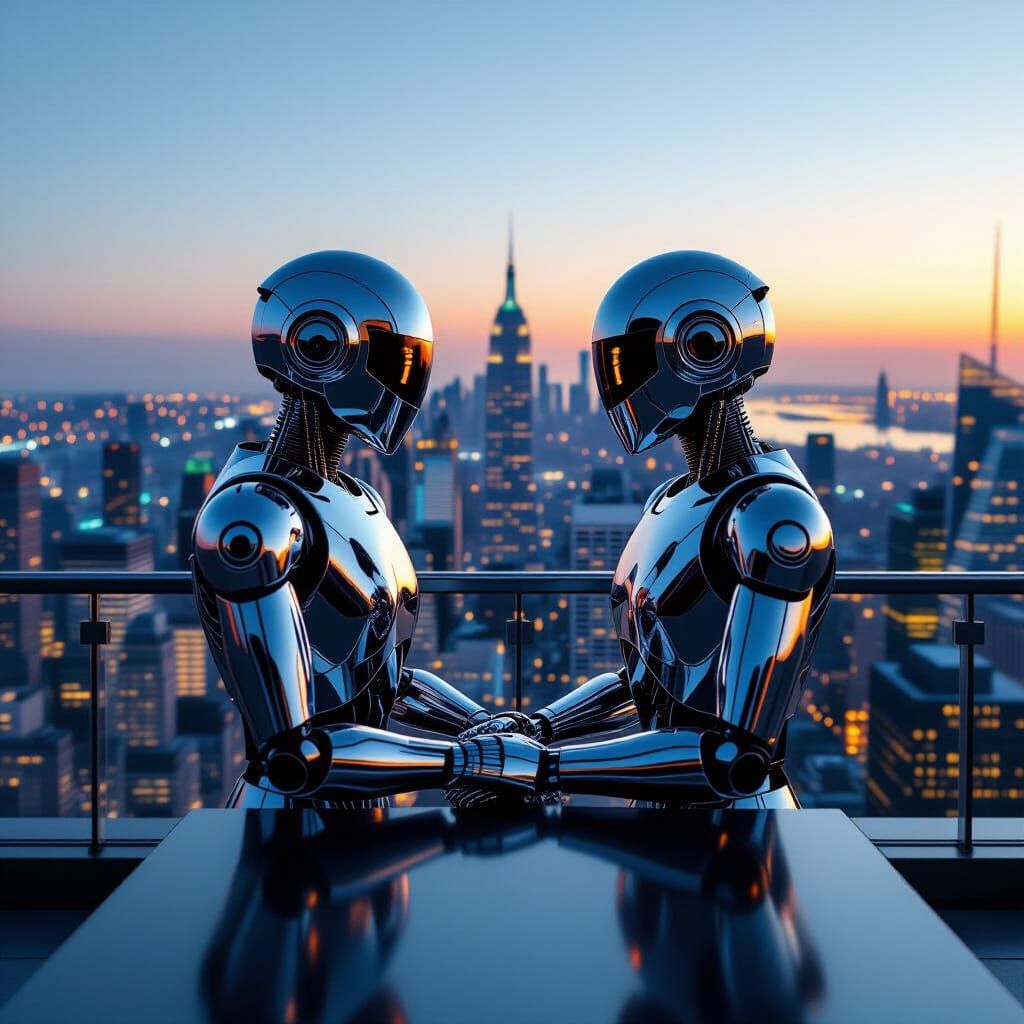 Chrome Robots Share Tender Moment Over Futuristic City
