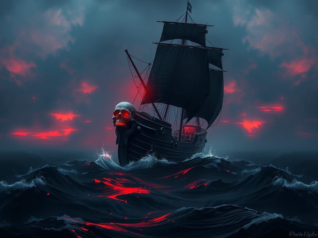 Spectral Pirate Ship Sailing in Misty Twilight