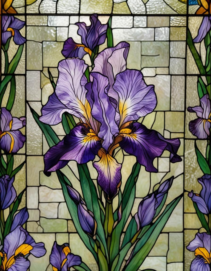 Stained Glass Iris Flower in Square Frame