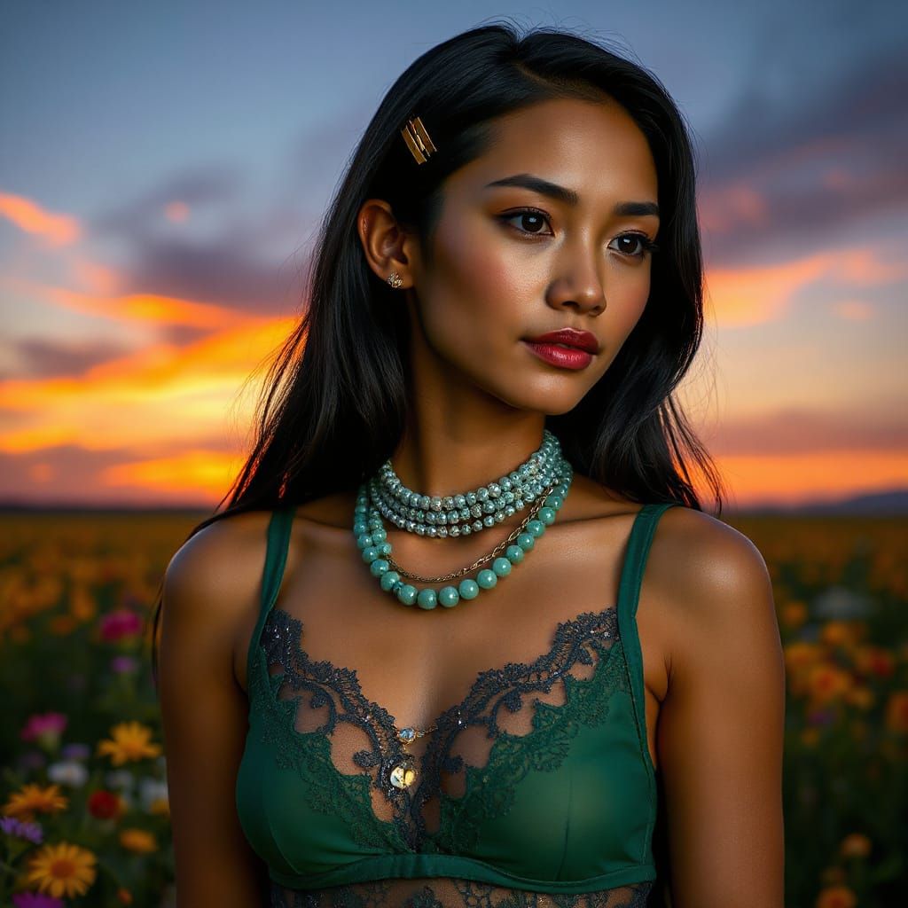 Burmese Woman in Emerald Outfit, Gothic Victorian Style