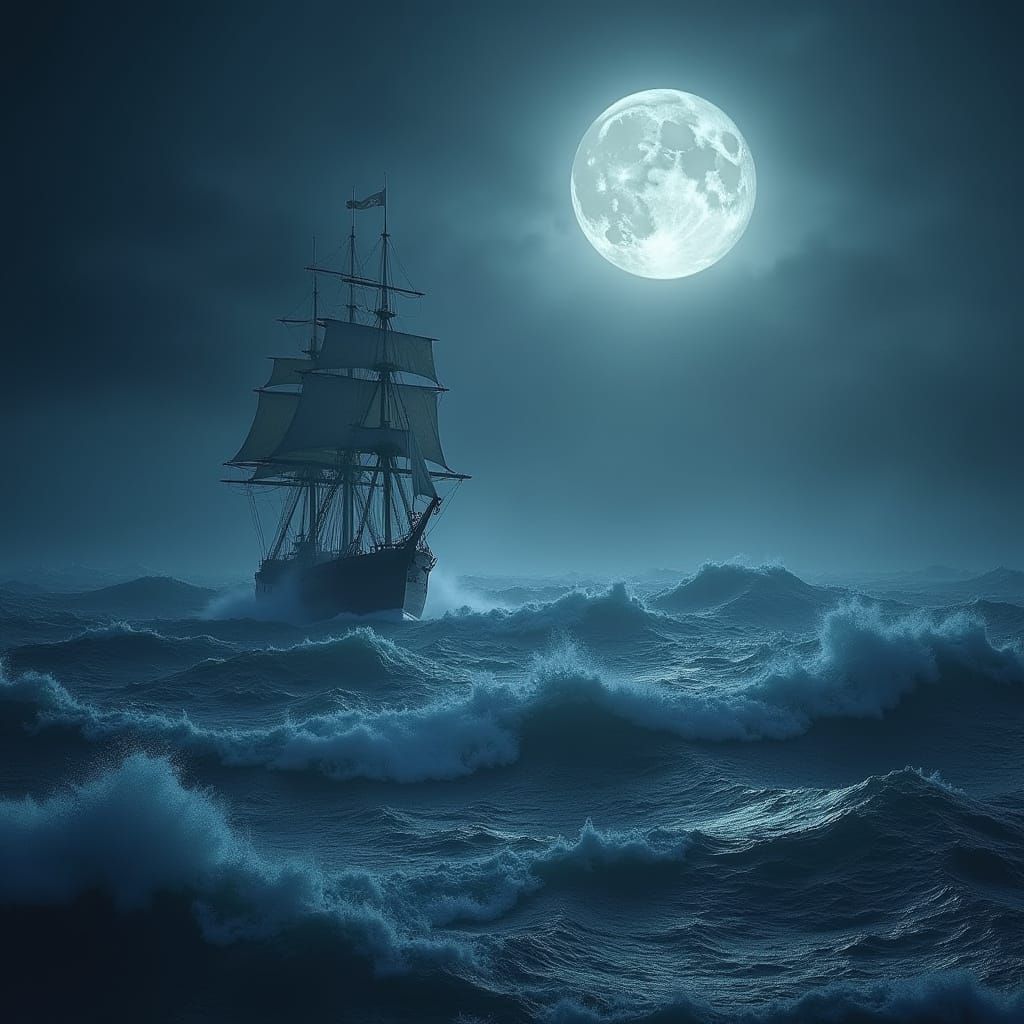 Full Moon Ocean Night With Sailing Ship and Crashing Waves
