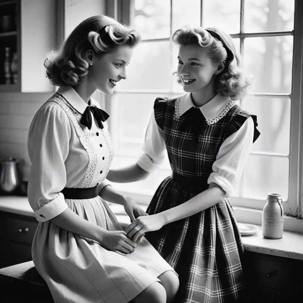 Joyful Woman Mends Dress for Confident Friend in Cozy Kitche...