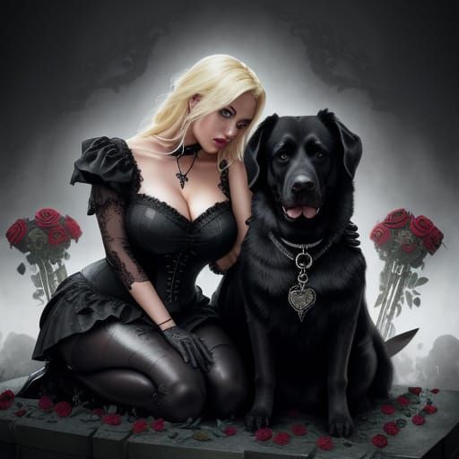 Gothic Girl with Black Dog and Roses, Hyperrealistic Splash ...