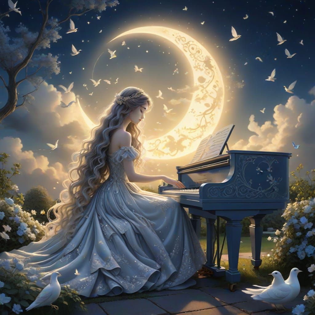 Crescent Moon Sonata in Surreal Anime Style