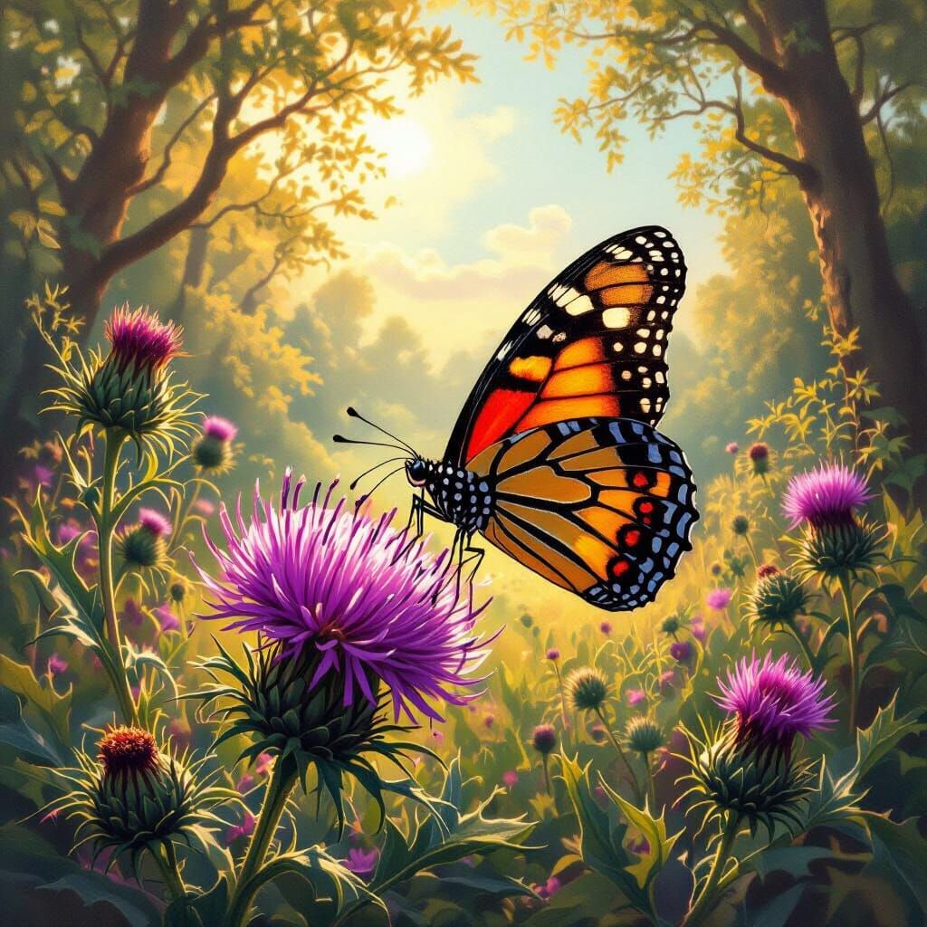 Sunlit Forest Clearing with Peacock Butterfly and Thistle