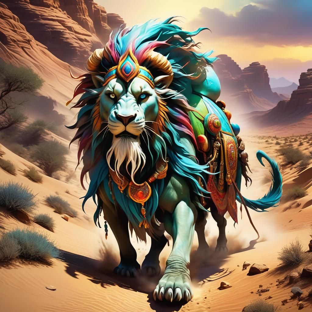 Jinn and Mythical Companion in Desert Landscape