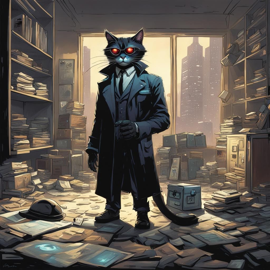 Futuristic Detective Cat in Postmodern Apartment