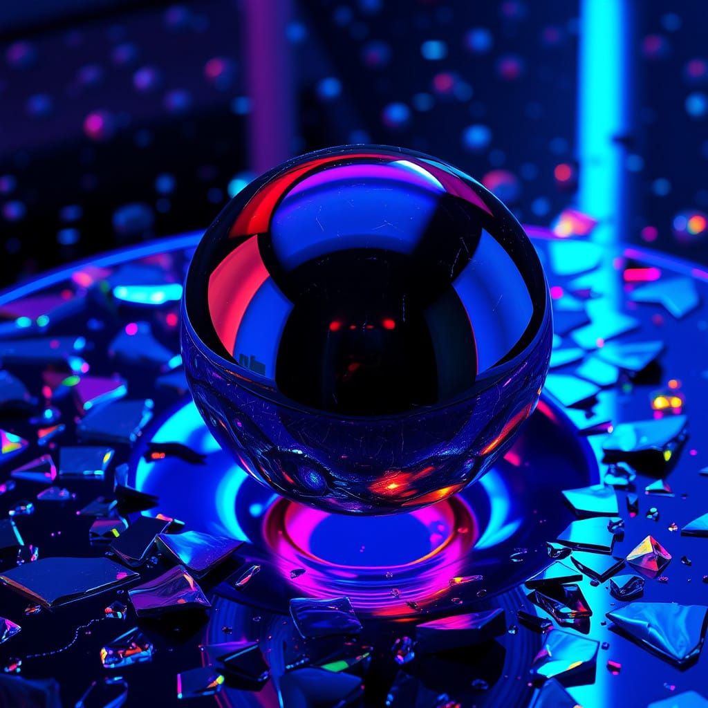 Chrome Sphere Dropped in Neon Oil with Mirror Shards and Bla...