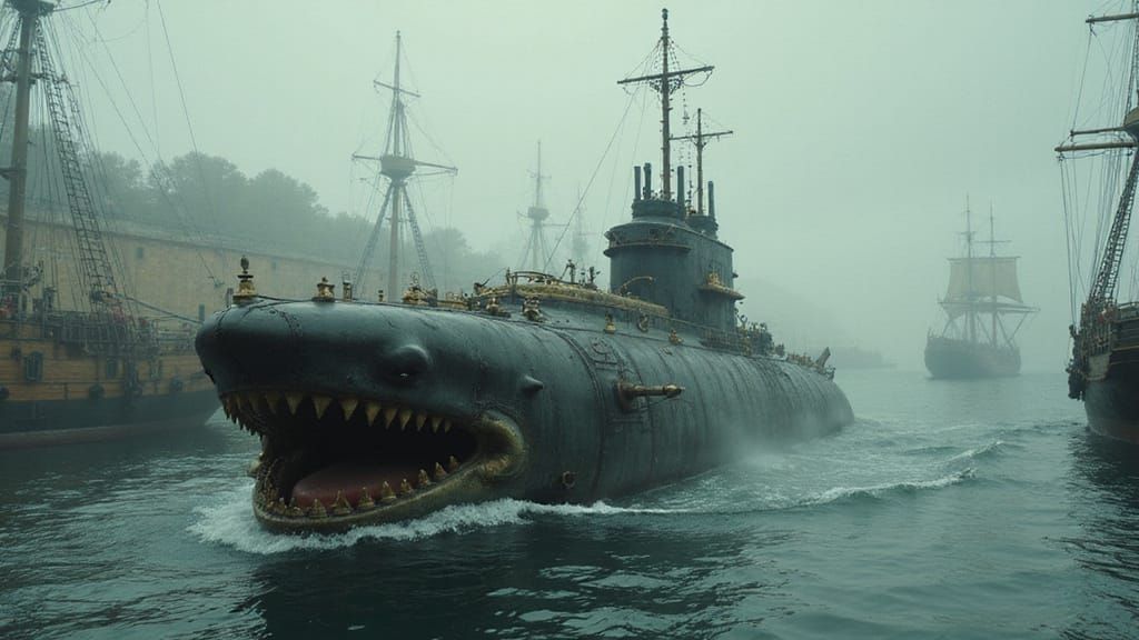 Steampunk Shark Submarine Arrives in Victorian Port