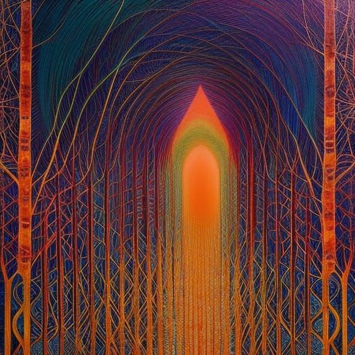 Sunset-Human Hybrid in Glass Forest, Oil on Ceramic