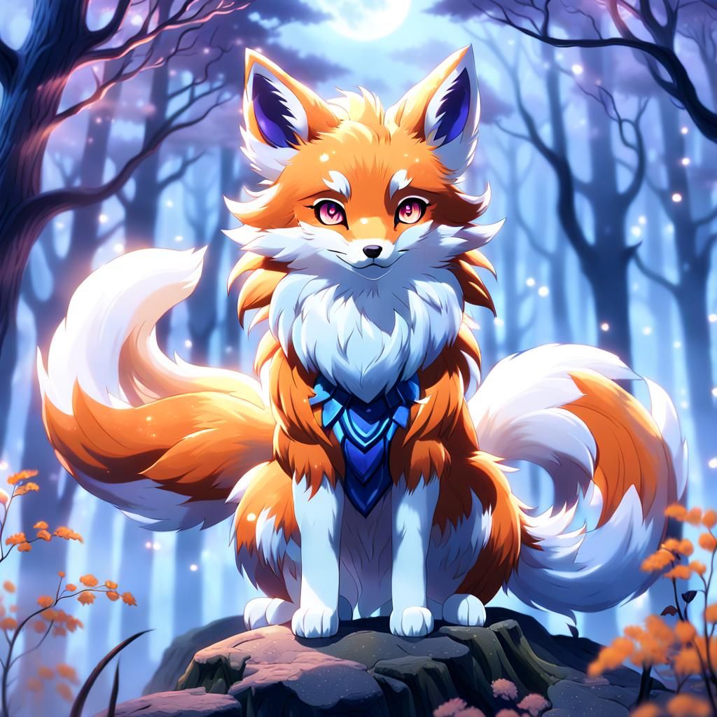 Cute Anime Kitsune in Misty Forest: Fantasy Art