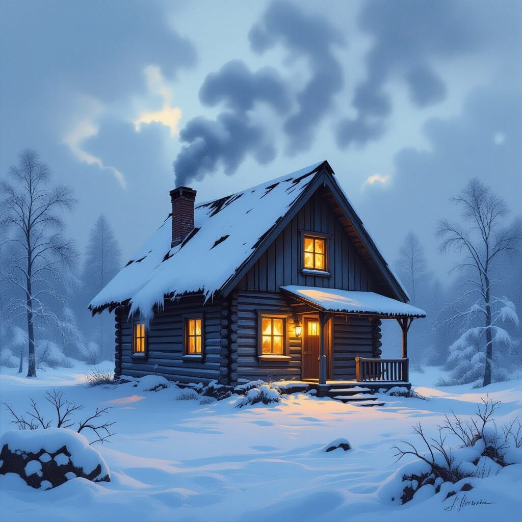 Cabin in Winter Storm, Romantic Landscape Style