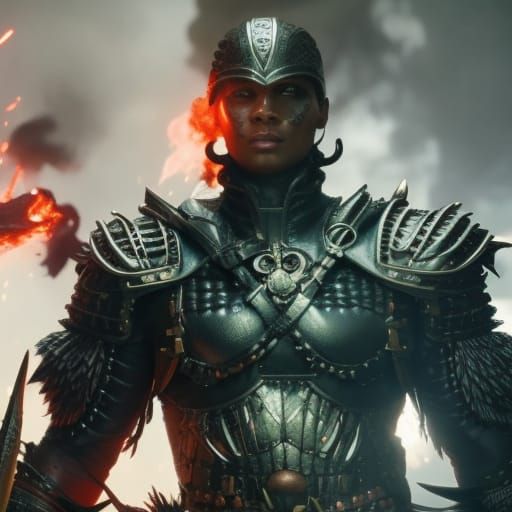 Soldier Girl in Volcanic Landscape, Hyperdetailed Dark Fanta...