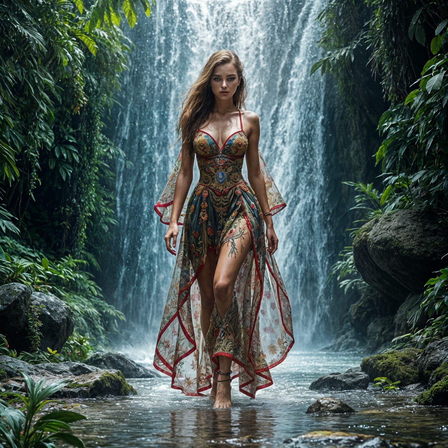 Hyperrealistic Woman in Waterfall Shower