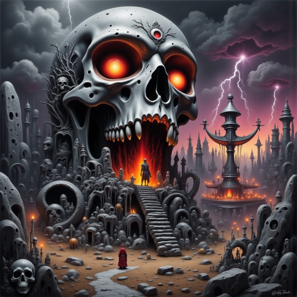 A giant skull dominates a surreal landscape with fantastical...