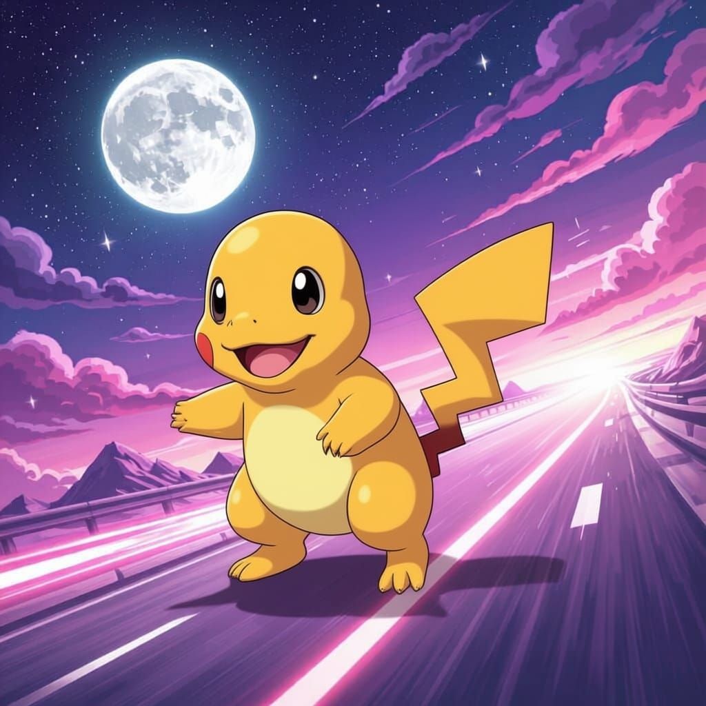 Pokemon Action on Moon Highway with Neon Colors