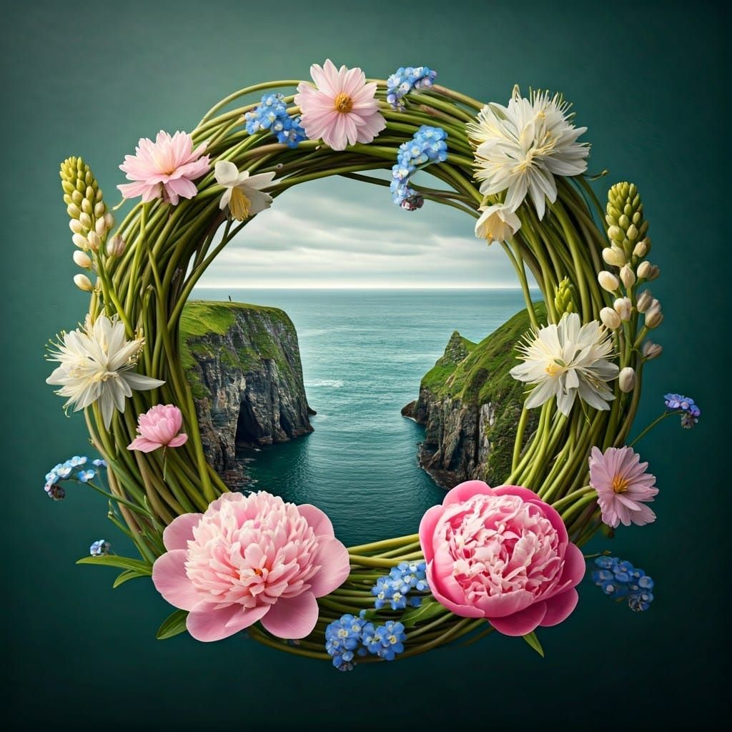 Wildflowers Entwined Wreath in Haunting Coastal Landscape