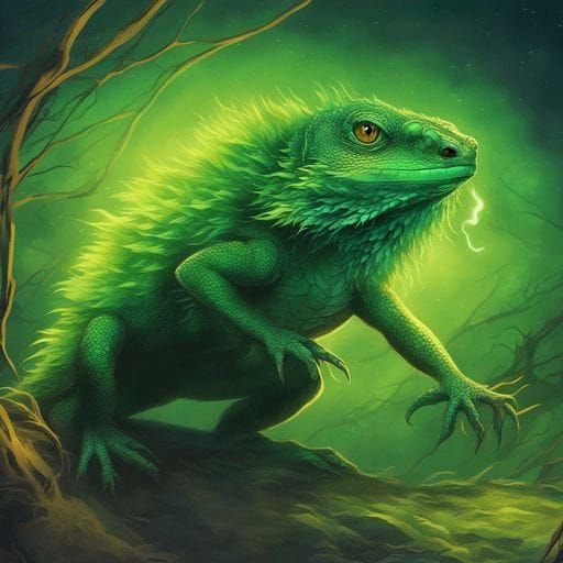 Row's lone green lizard with a bioluminescent, chemical, gre...