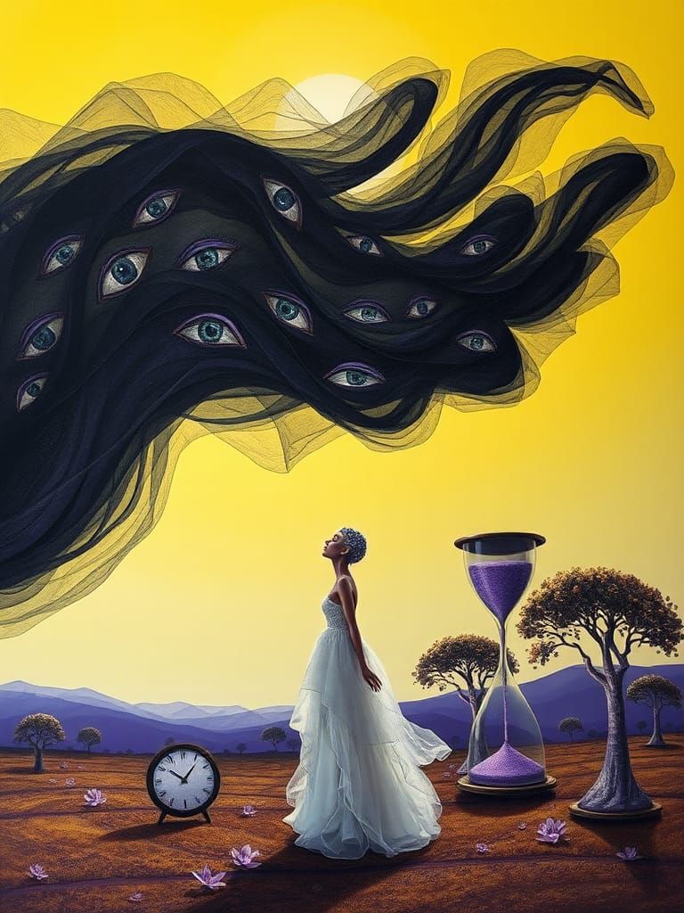 Surreal Figure Gazing at Looming Shadow in Dreamscape