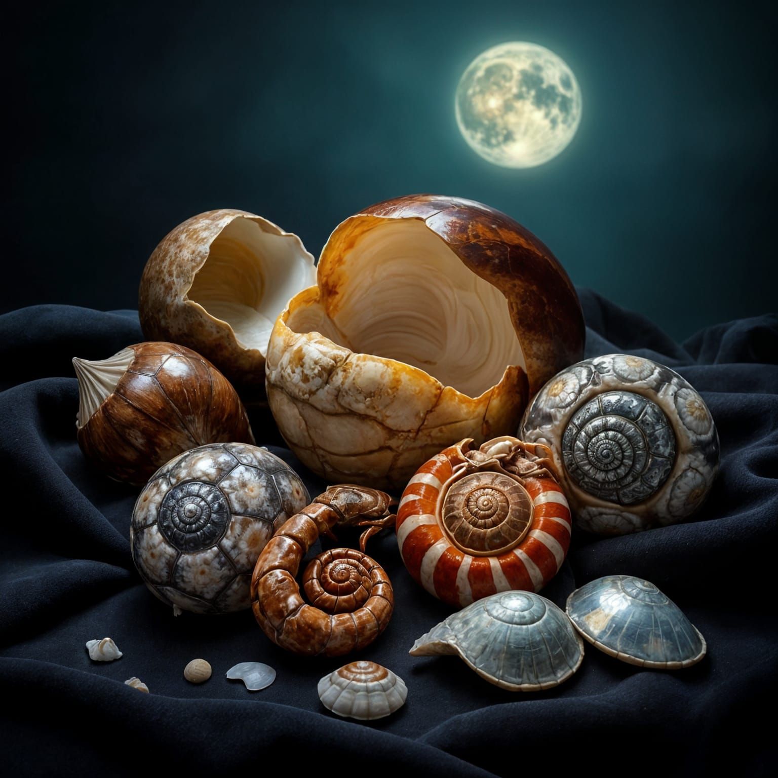 Magical Still Life of Shells Under Moonlight