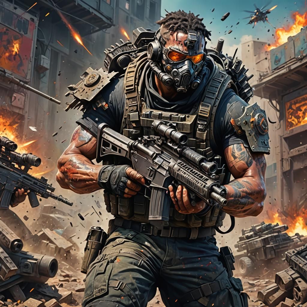 Apocalyptic Fighter with Machine Guns in Hyperrealistic Styl...