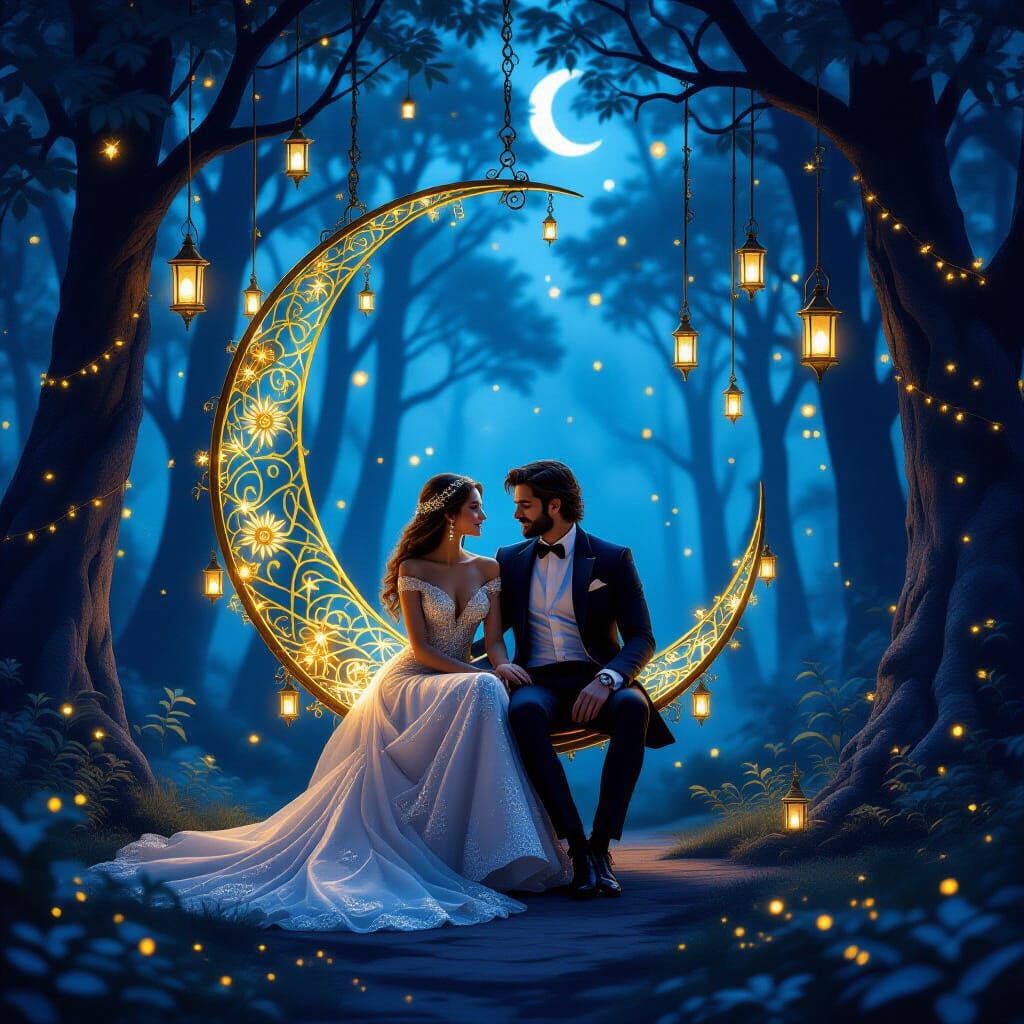 A magical, romantic scene in a moonlit forest. A couple sits...