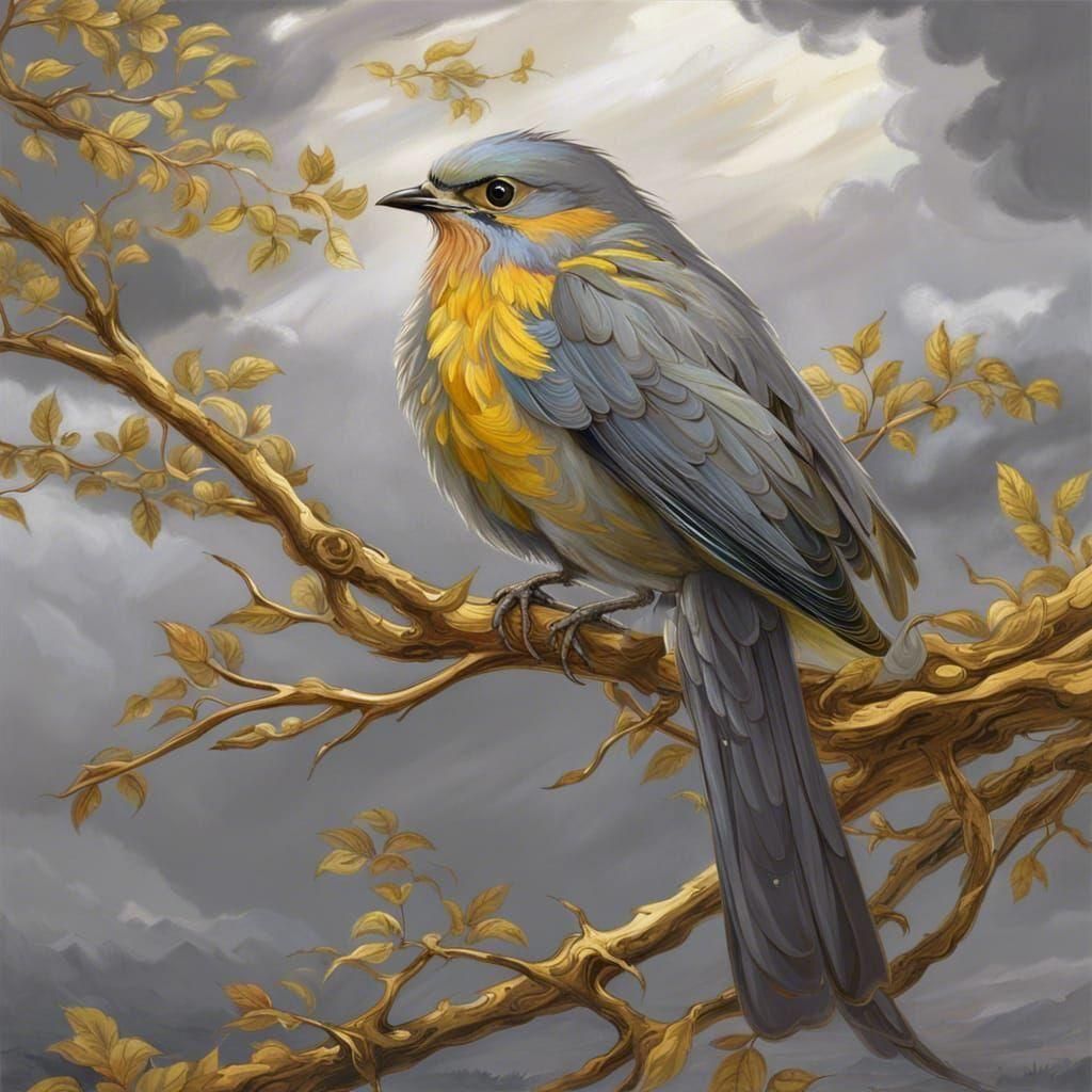 Gray Bird on Gold Branch in Anime Style