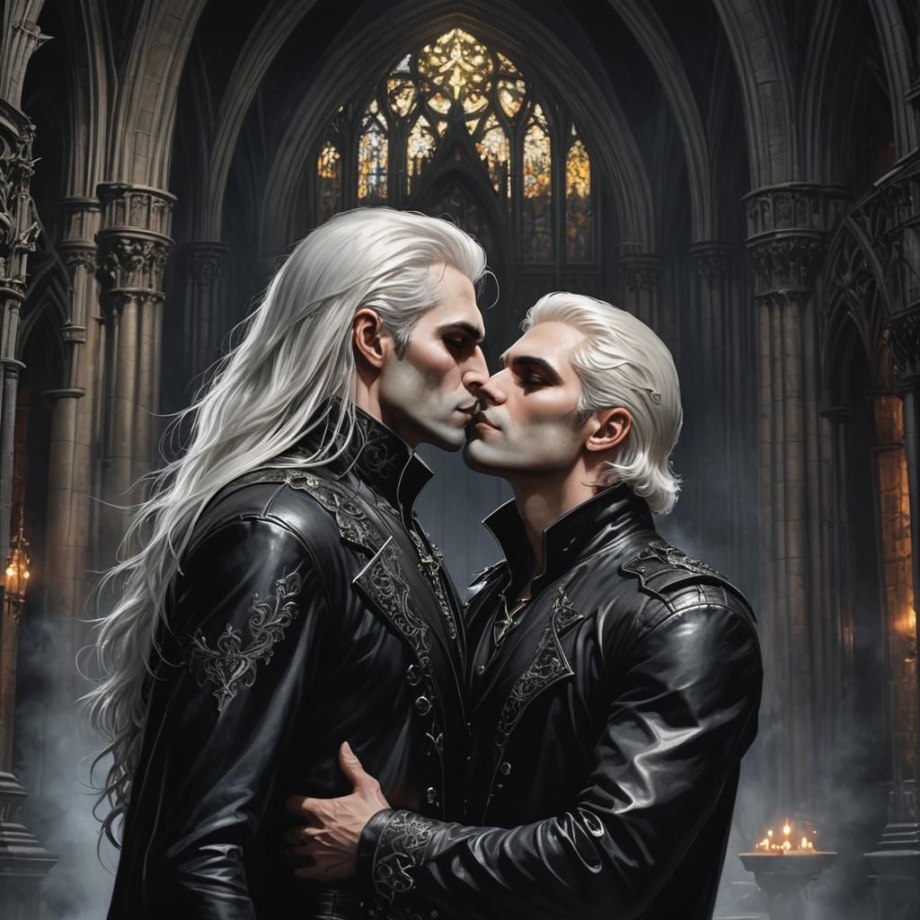 Gay Vampire Couple Kissing in Gothic Cathedral