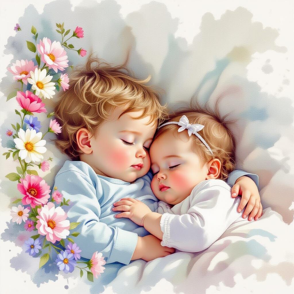 Ethereal Watercolour of Sleeping Siblings and Flowers