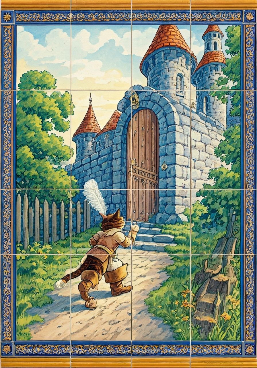 Colourful 1920s storybook tile mural, a cat in boots and a c...