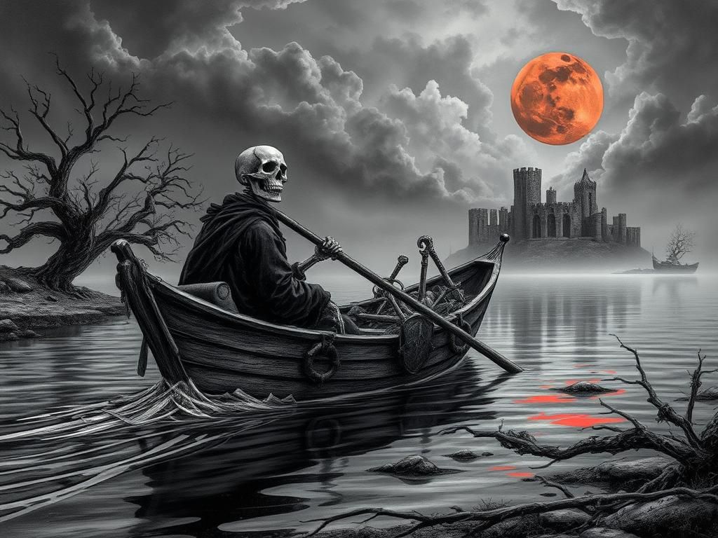 Eerie Skeleton Ferryman in Desolate Landscape