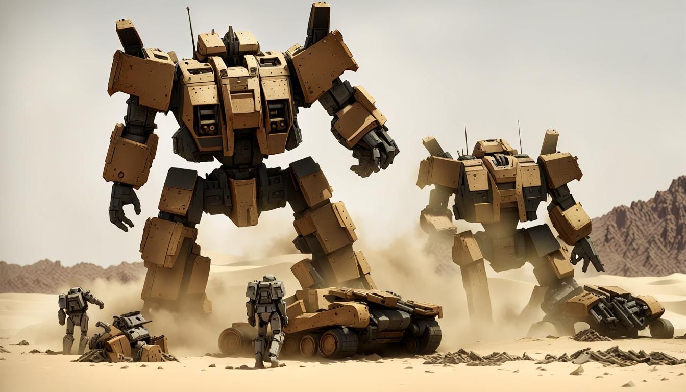 Mech Salvage Operation in Desert Battlefield