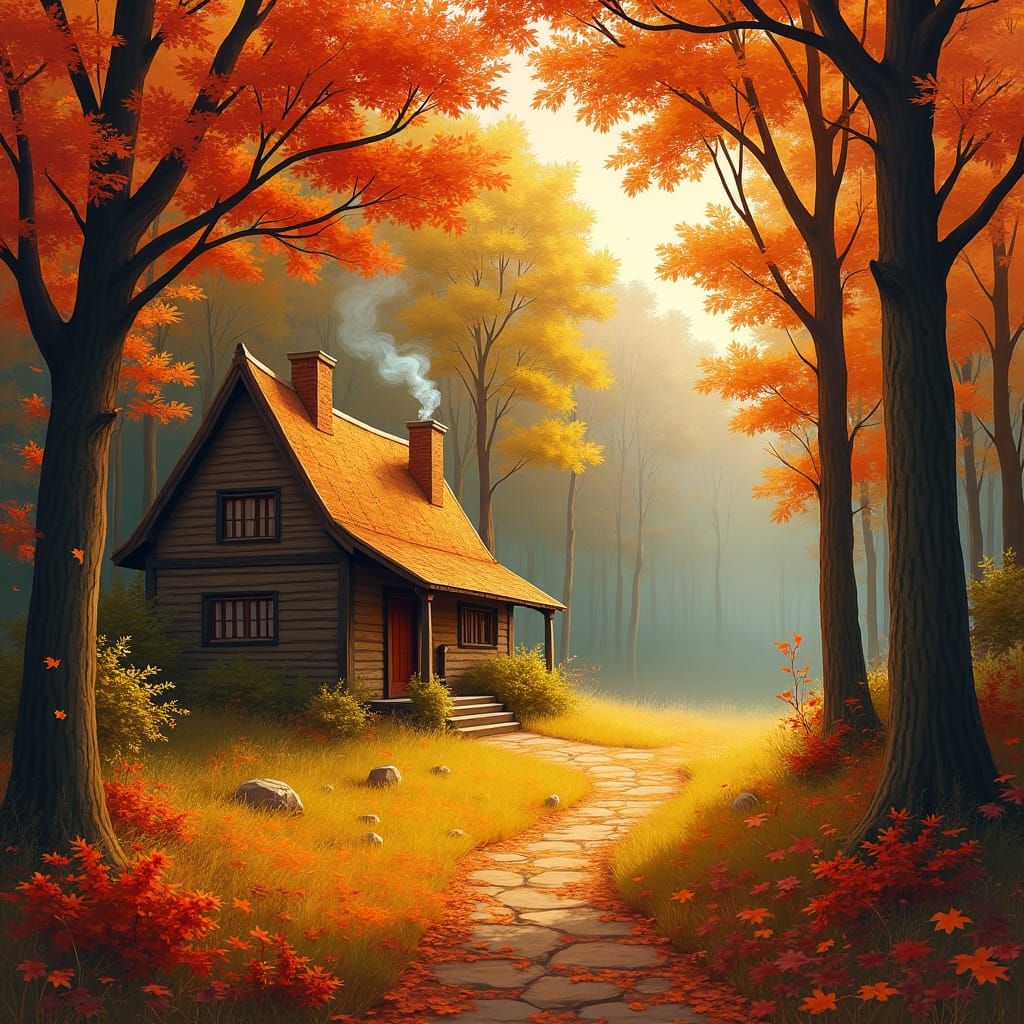 Autumnal Forest Cottage in Matte Painting Style