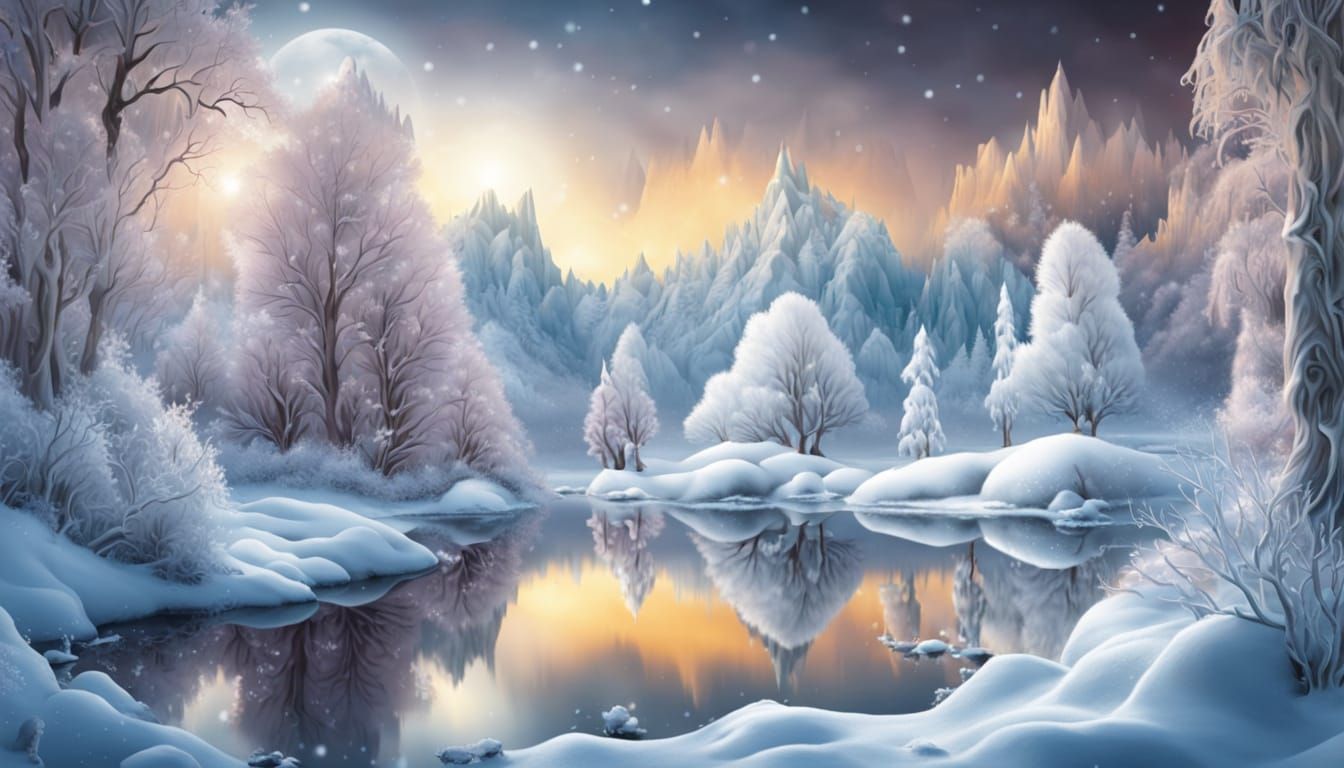 Whimsical Winter Scene with Enchanted Forest Reflections