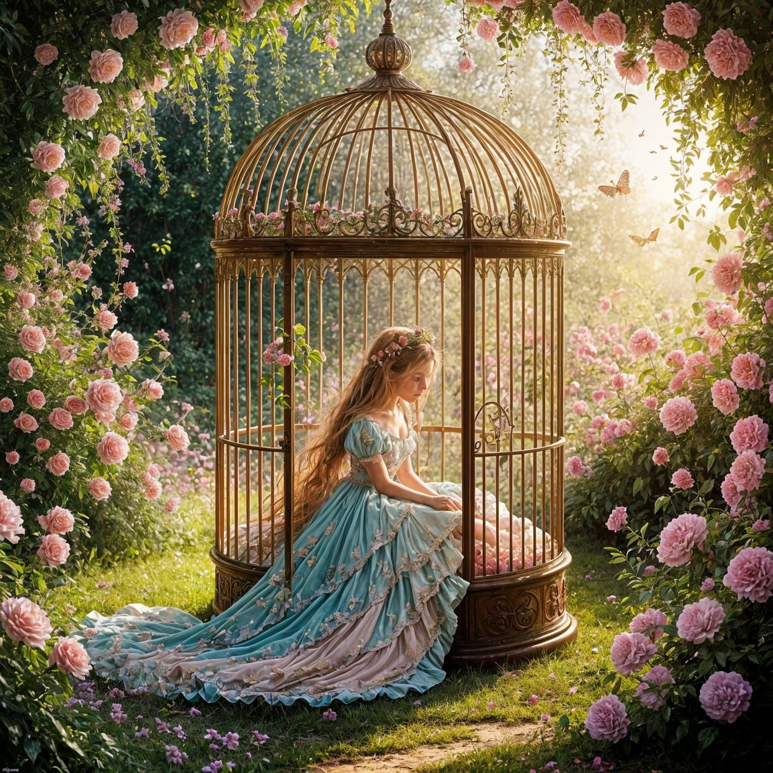 Romantic Oil Painting of Princess in Garden Birdcage