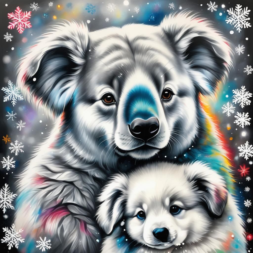 Koala and Pyrenees Puppy in Charcoal Drawing