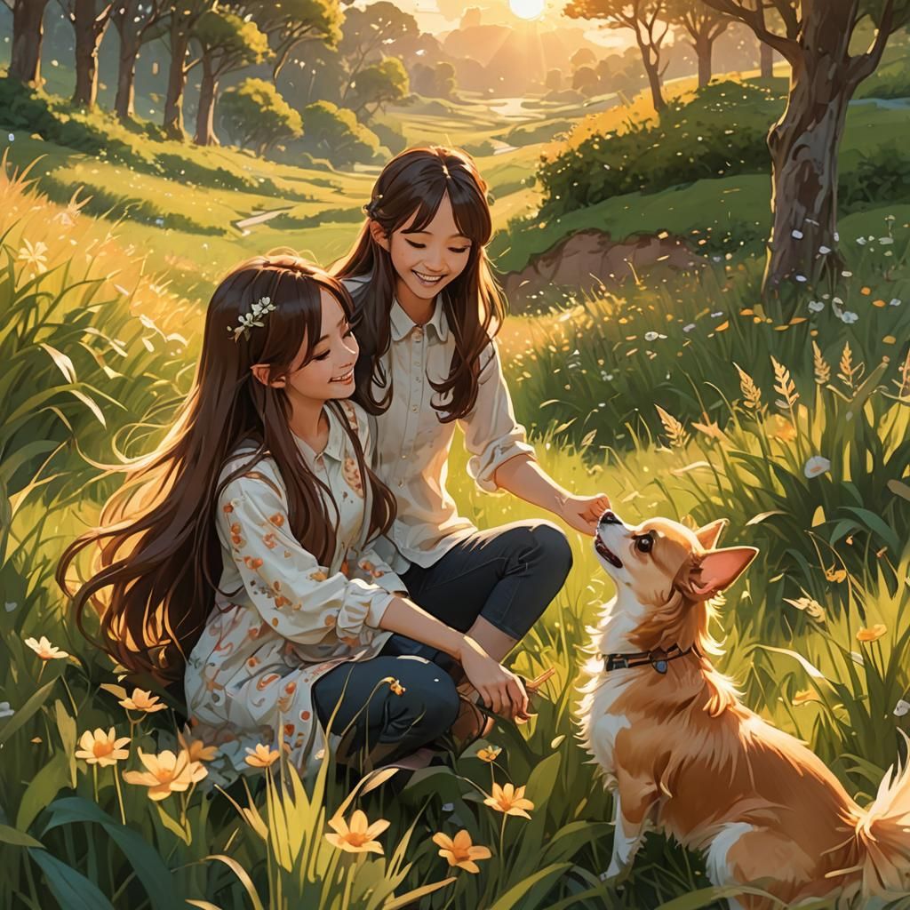 Girl and Chihuahua in Anime Style Meadow