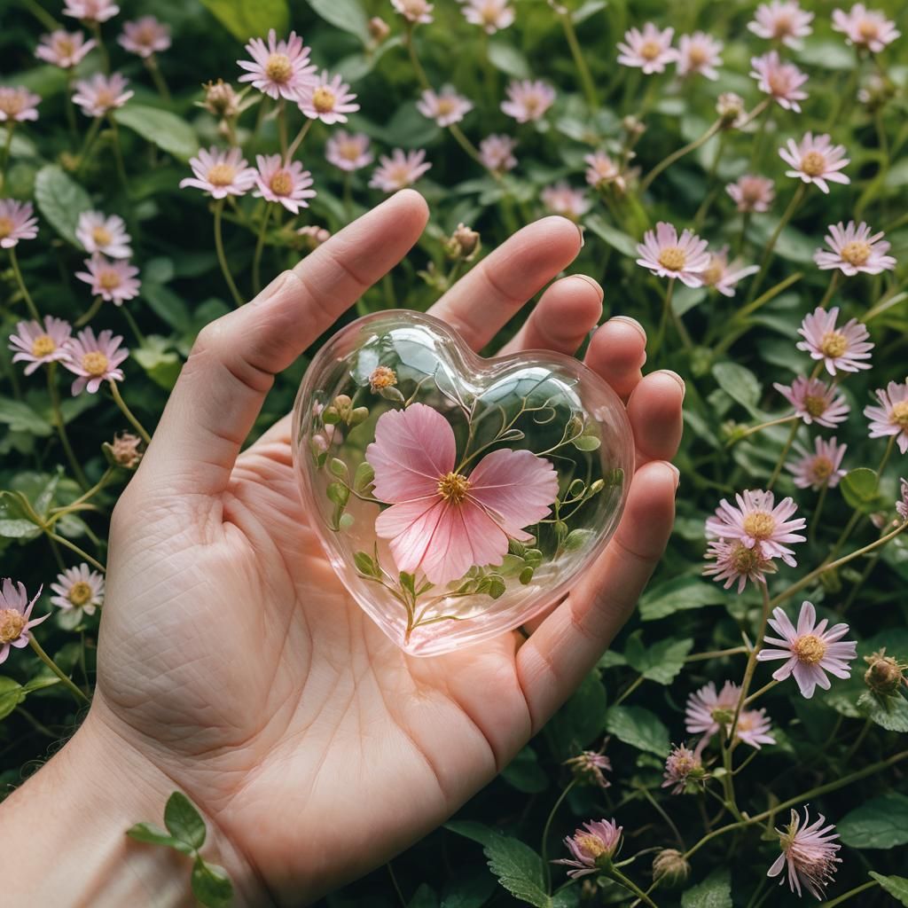 Hands Holding Delicate Glass Heart: Macro Photography