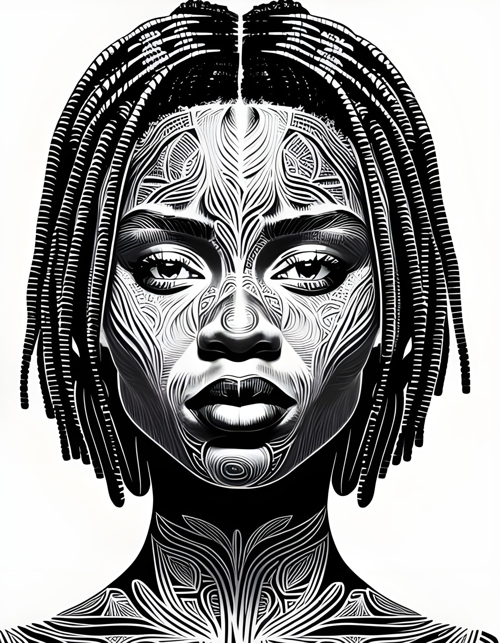 Elegant Black Woman Portrait in Linocut Style