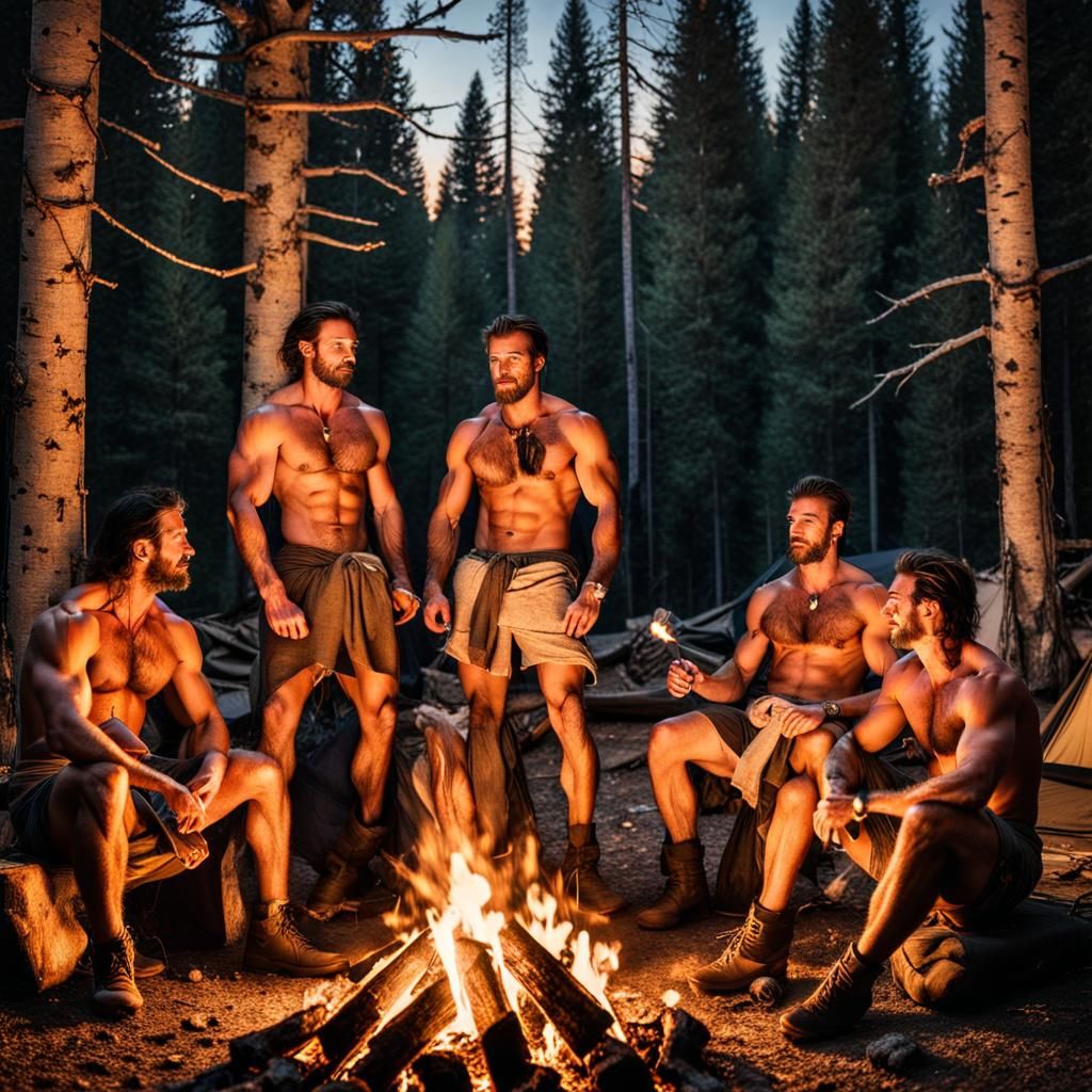 Campers in a Rustic Forest at Night