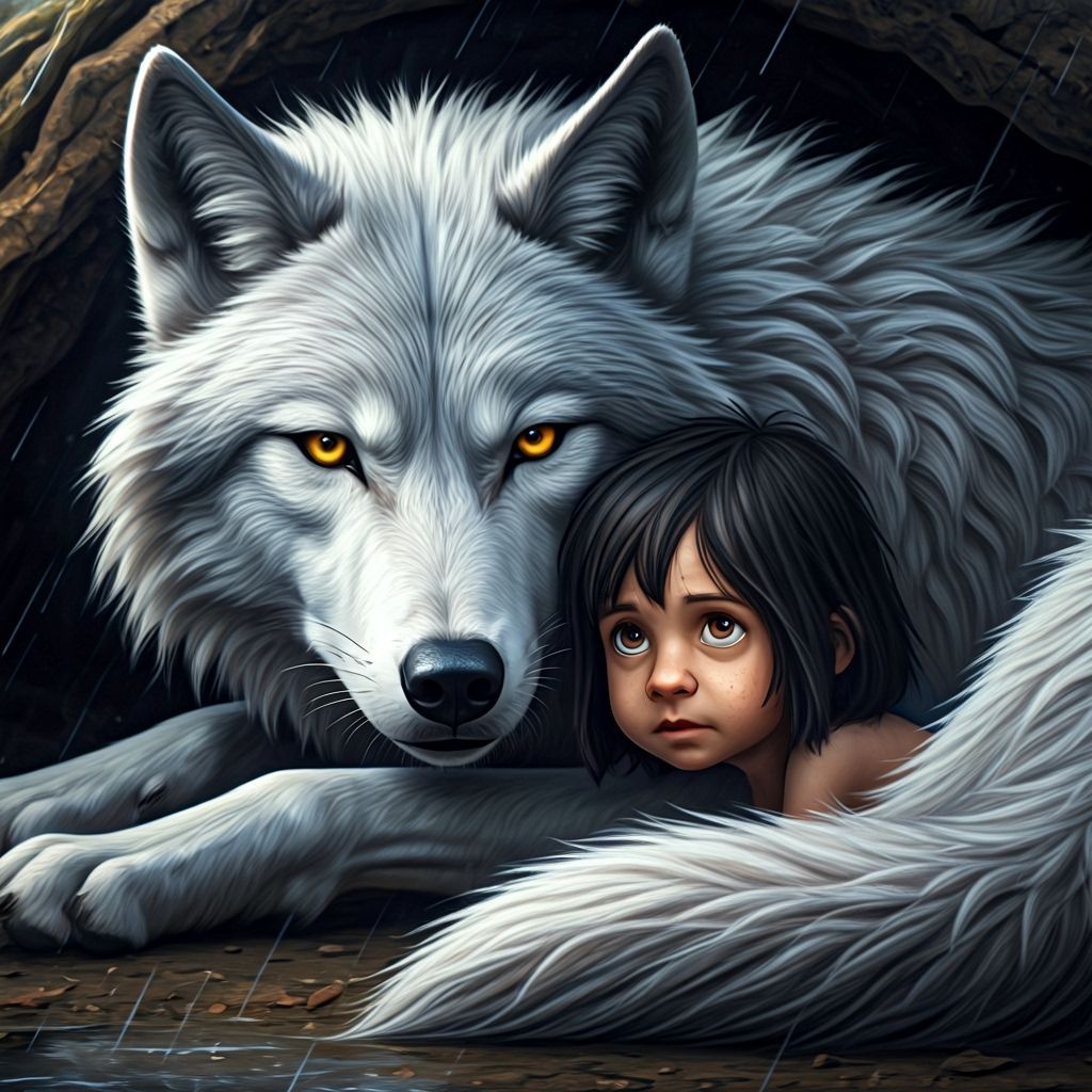 Wolf Shelters Mowgli in Cozy Den: Oil Realism