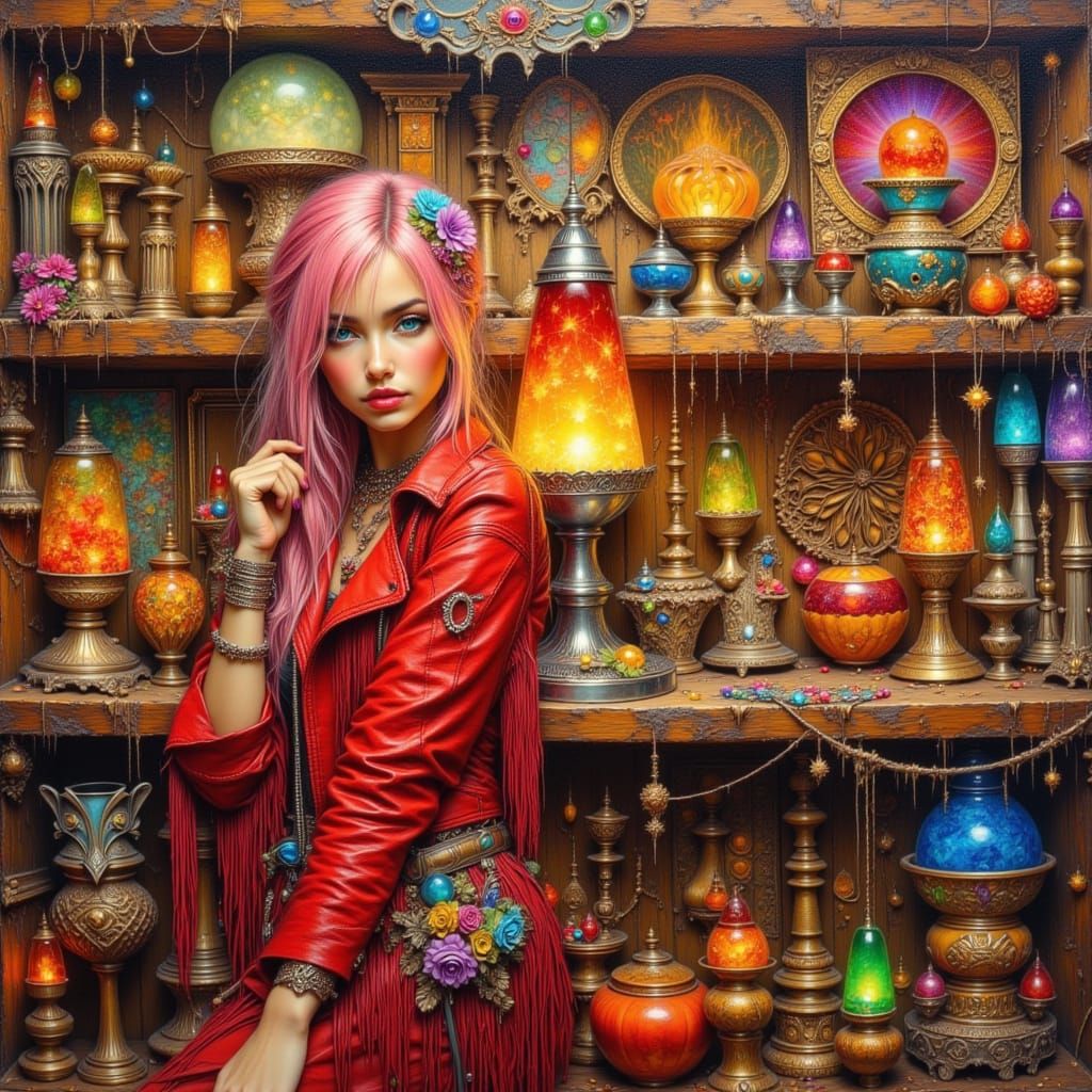 1960s Oil Painting of Hippie Woman with Lava Lamps