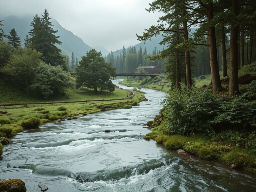 Romantic Landscape with Water Flows and Lush Greenery