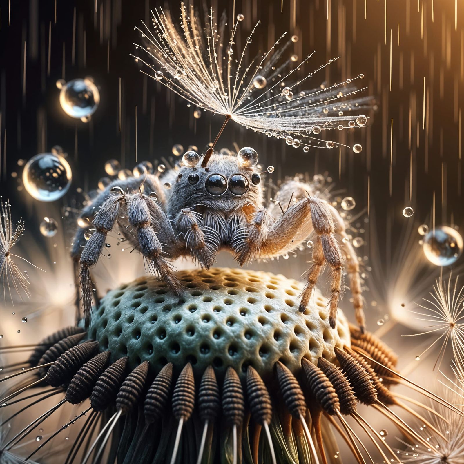 Macro Spider Safeguards Dandelion in Rainy Delight