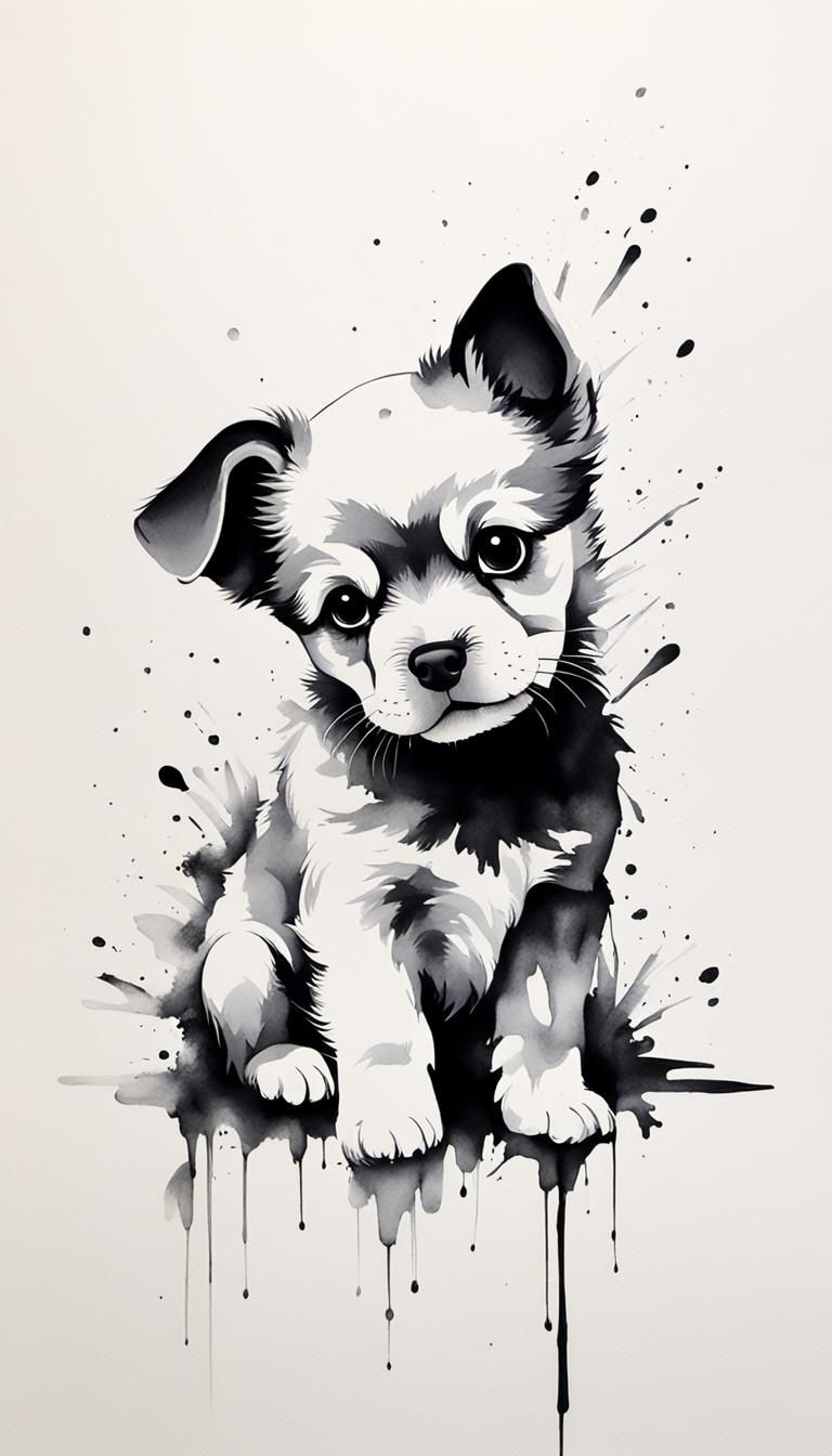 Minimalist Chinese Ink Painting of a Puppy