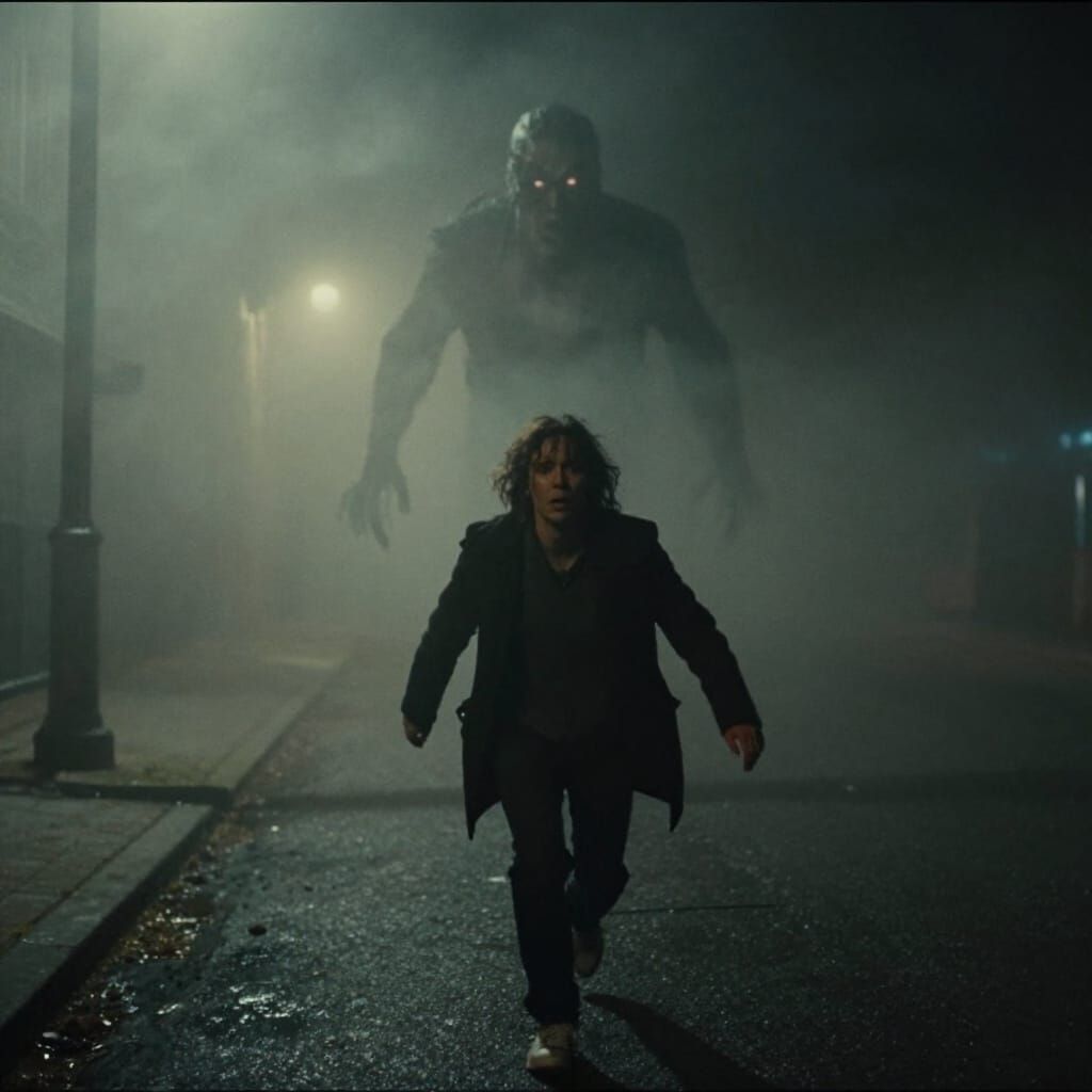 Man Flees Monster in Foggy Night Street
