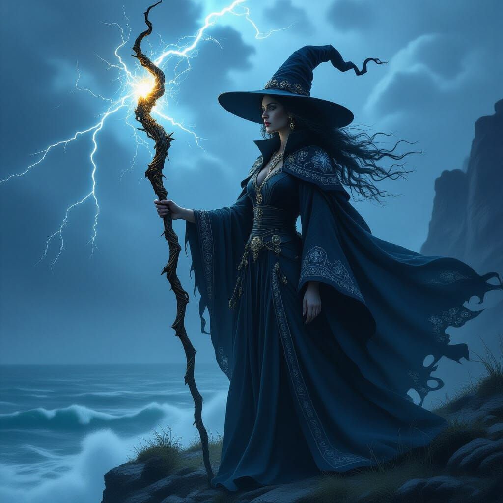 Powerful Witch on Cliff Overlooking Stormy Sea