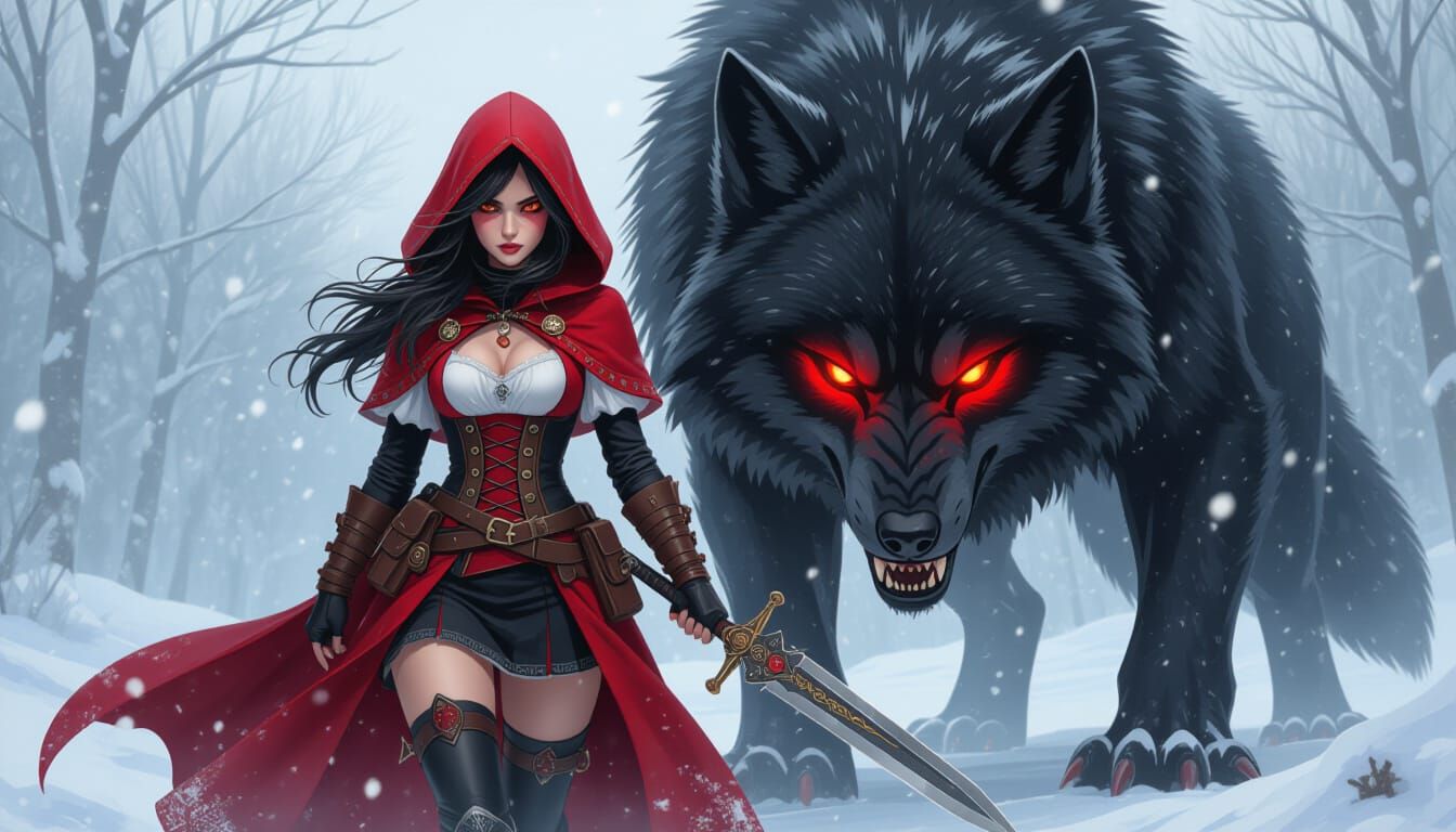 Gothic Red Riding Hood with Wolf and Dagger in Snow