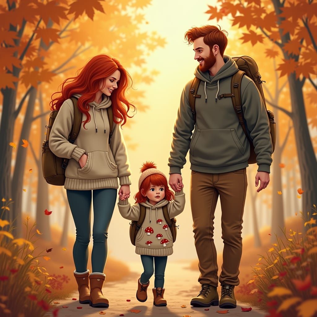 Autumn Hike with Family: Whimsical Illustration