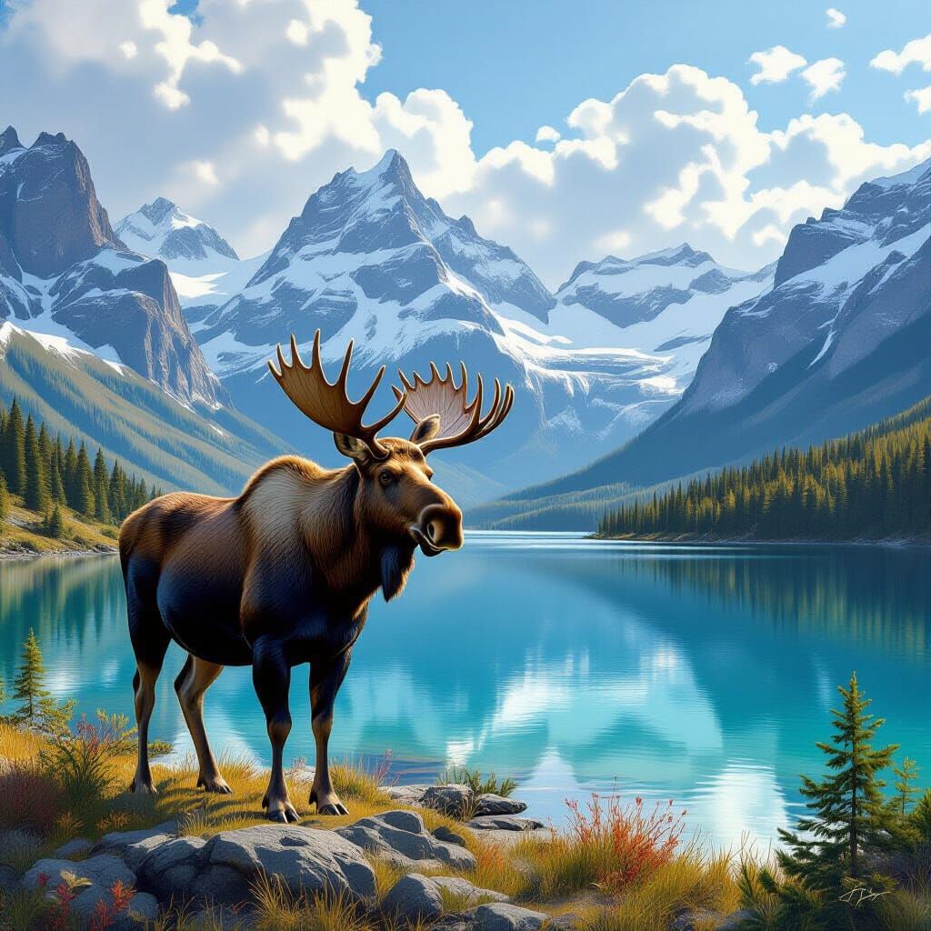 Majestic Moose by Alpine Lake: Hyperrealistic Digital Painti...